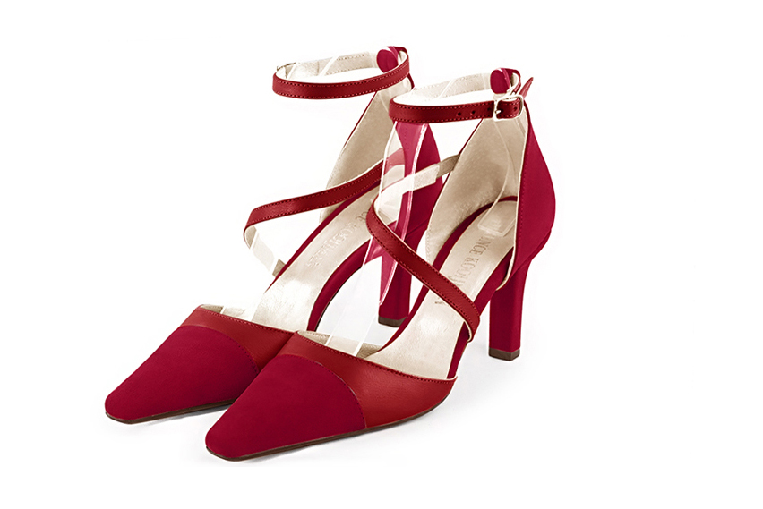 Cardinal red women's open side shoes, with snake-shaped straps. Tapered toe. High slim heel. Front view - Florence KOOIJMAN